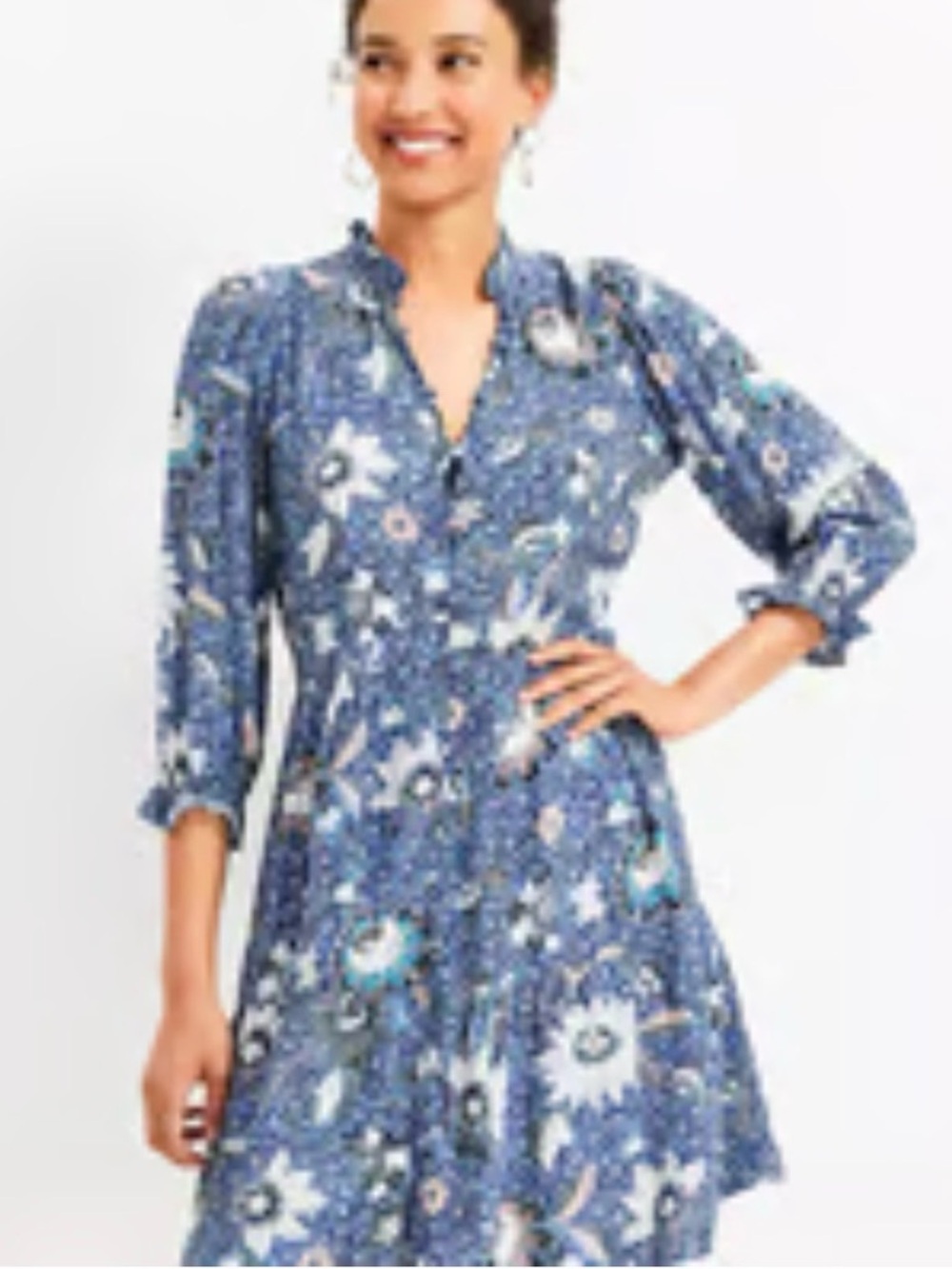 Blue Floral Ruffle-Trim Fit & Flare Dress